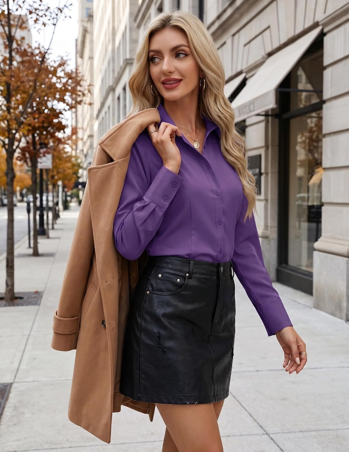 image:imageZeagoo Womens Button Down Shirts Long Sleeve Business Casual Blouses TopsPurple