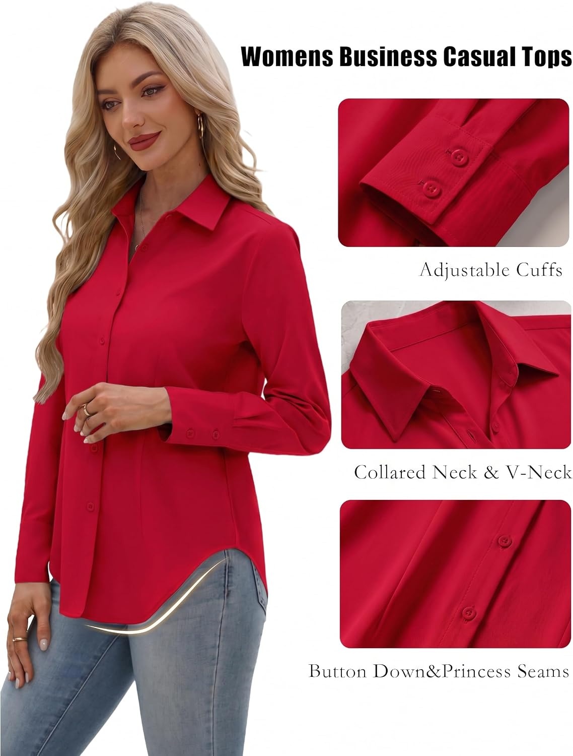 image:imageZeagoo Womens Button Down Shirts Long Sleeve Business Casual Blouses TopsRed