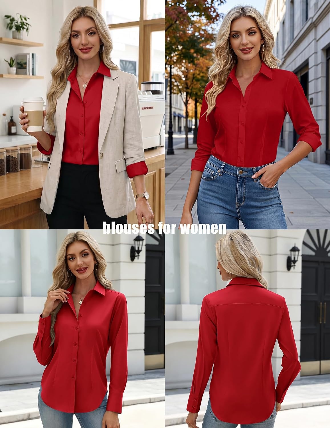 image:imageZeagoo Womens Button Down Shirts Long Sleeve Business Casual Blouses TopsRed
