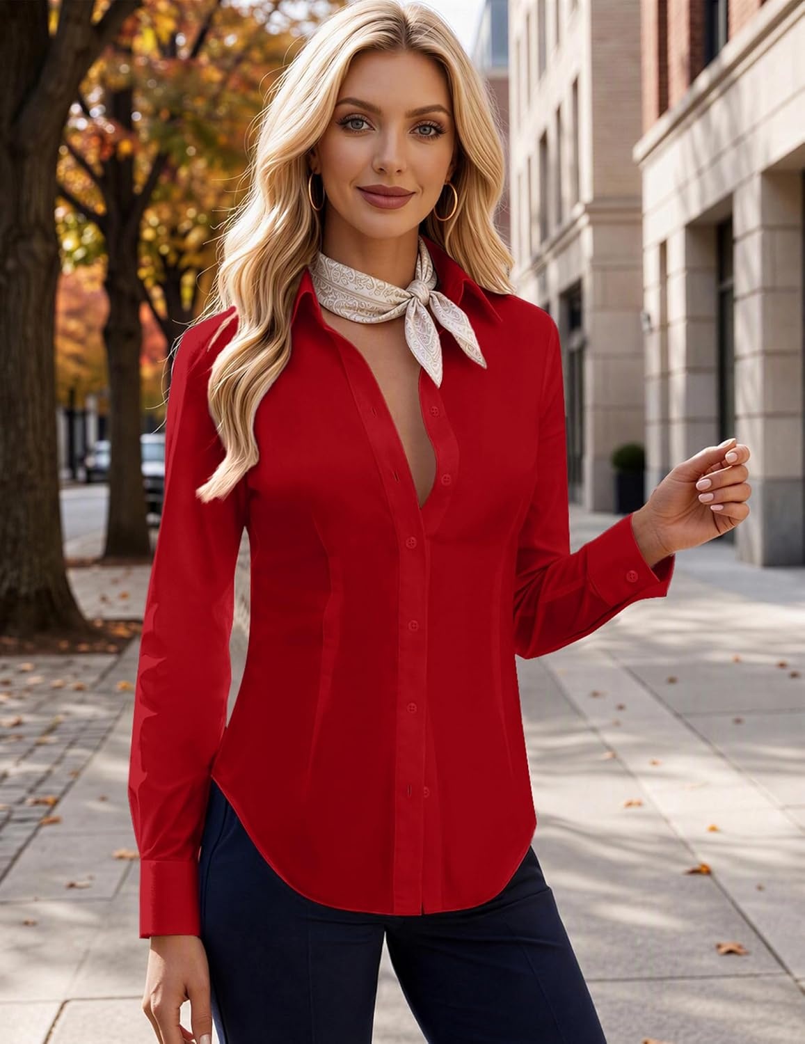 image:imageZeagoo Womens Button Down Shirts Long Sleeve Business Casual Blouses TopsRed