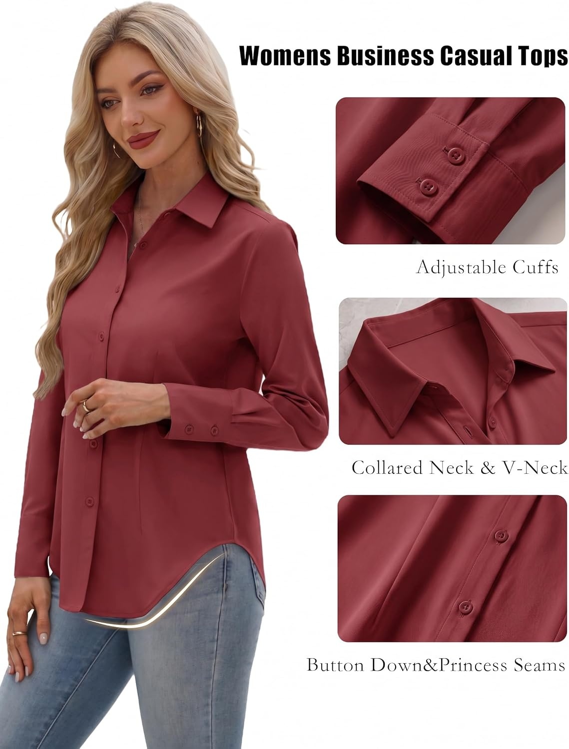 image:imageZeagoo Womens Button Down Shirts Long Sleeve Business Casual Blouses TopsWine Red