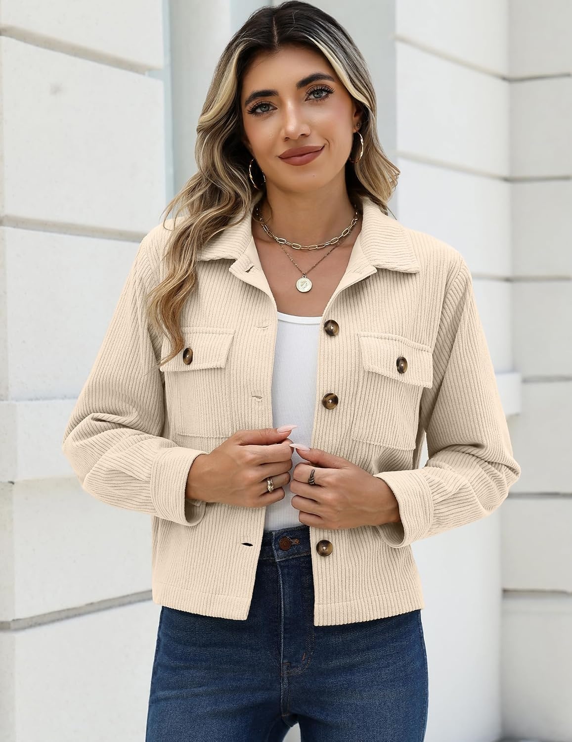 image:imageZeagoo Womens Fashion Cropped Jacket Corduroy Button Down Long Sleeve CoatsApricot