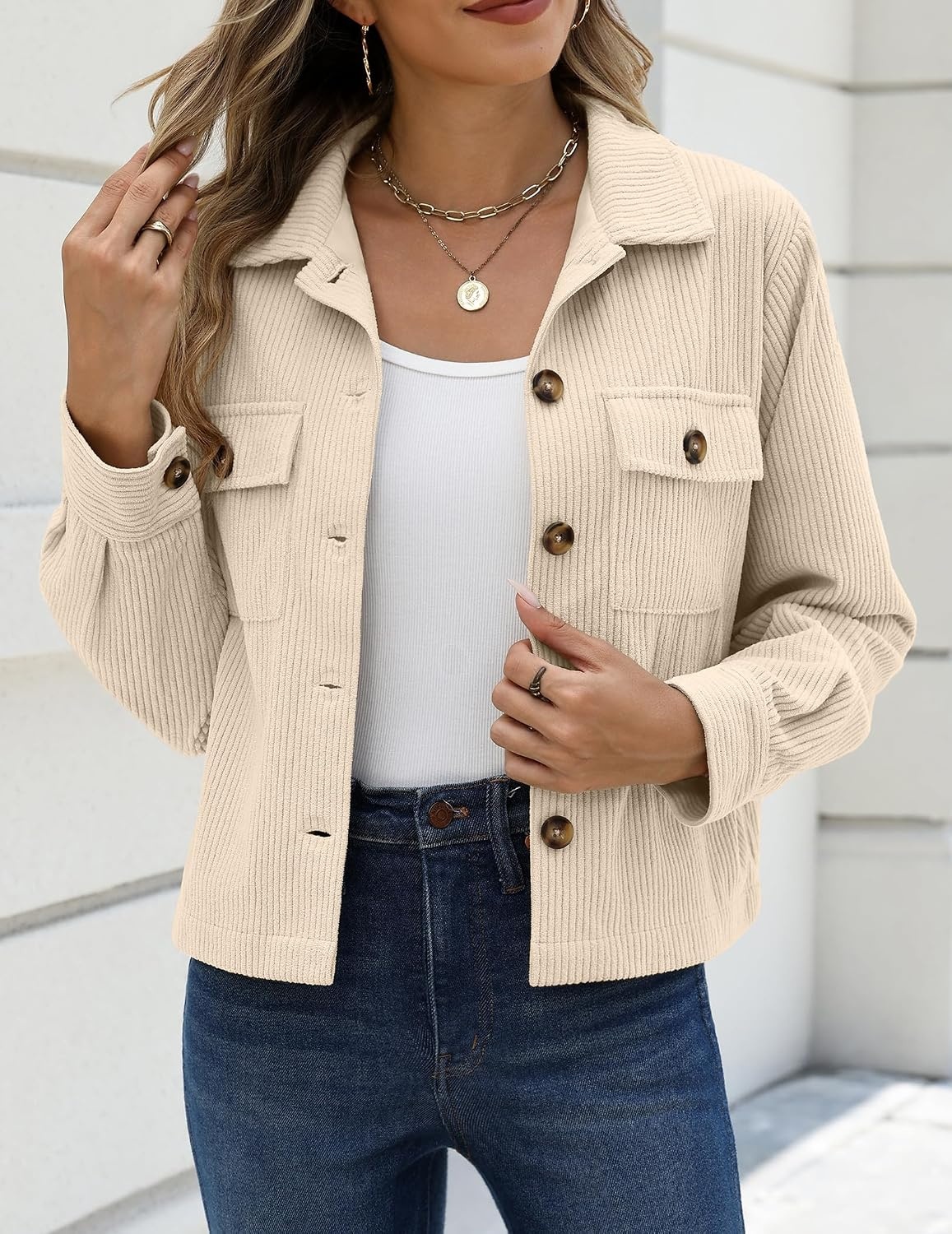 image:imageZeagoo Womens Fashion Cropped Jacket Corduroy Button Down Long Sleeve CoatsApricot