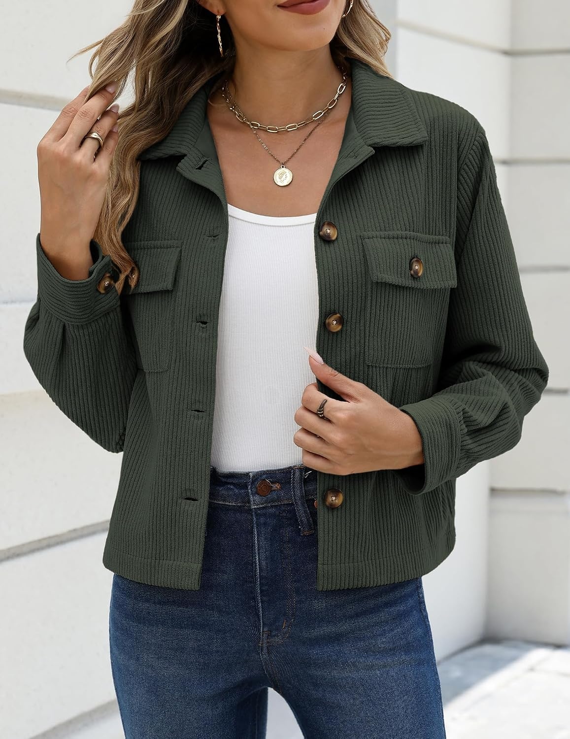image:imageZeagoo Womens Fashion Cropped Jacket Corduroy Button Down Long Sleeve CoatsArmy Green