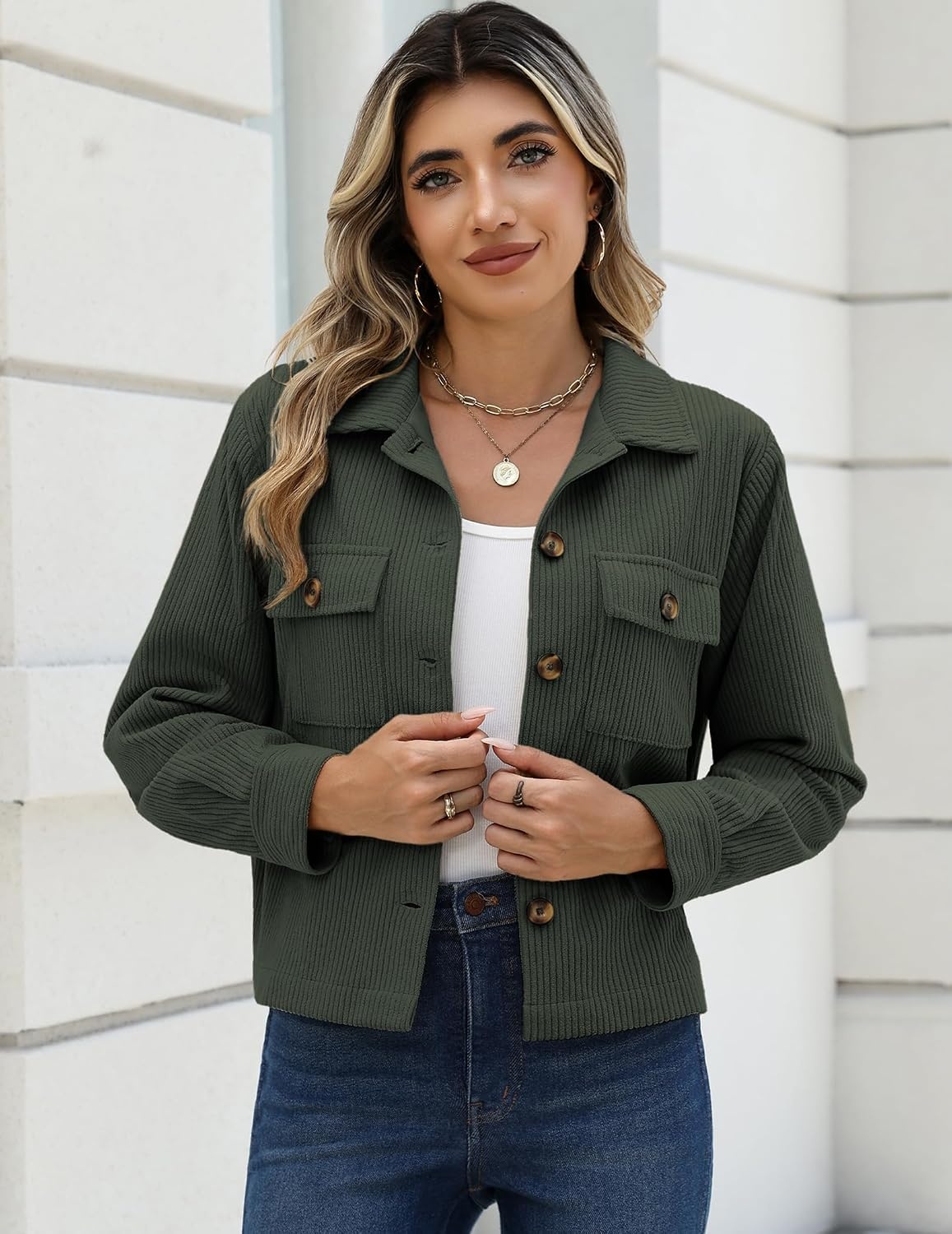 image:imageZeagoo Womens Fashion Cropped Jacket Corduroy Button Down Long Sleeve CoatsArmy Green
