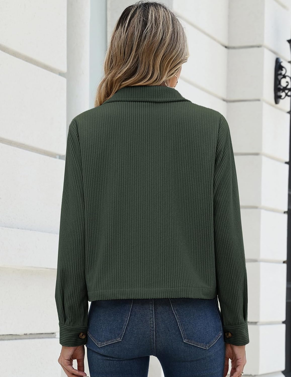 image:imageZeagoo Womens Fashion Cropped Jacket Corduroy Button Down Long Sleeve CoatsArmy Green