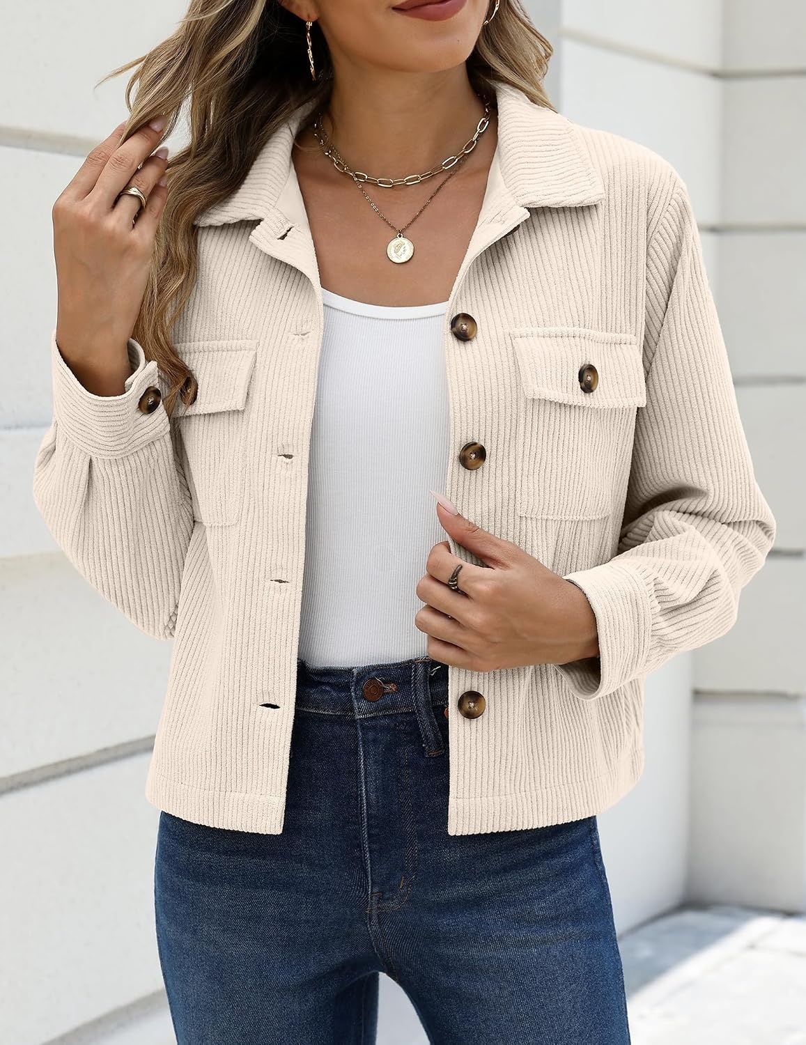 image:imageZeagoo Womens Fashion Cropped Jacket Corduroy Button Down Long Sleeve CoatsBeige