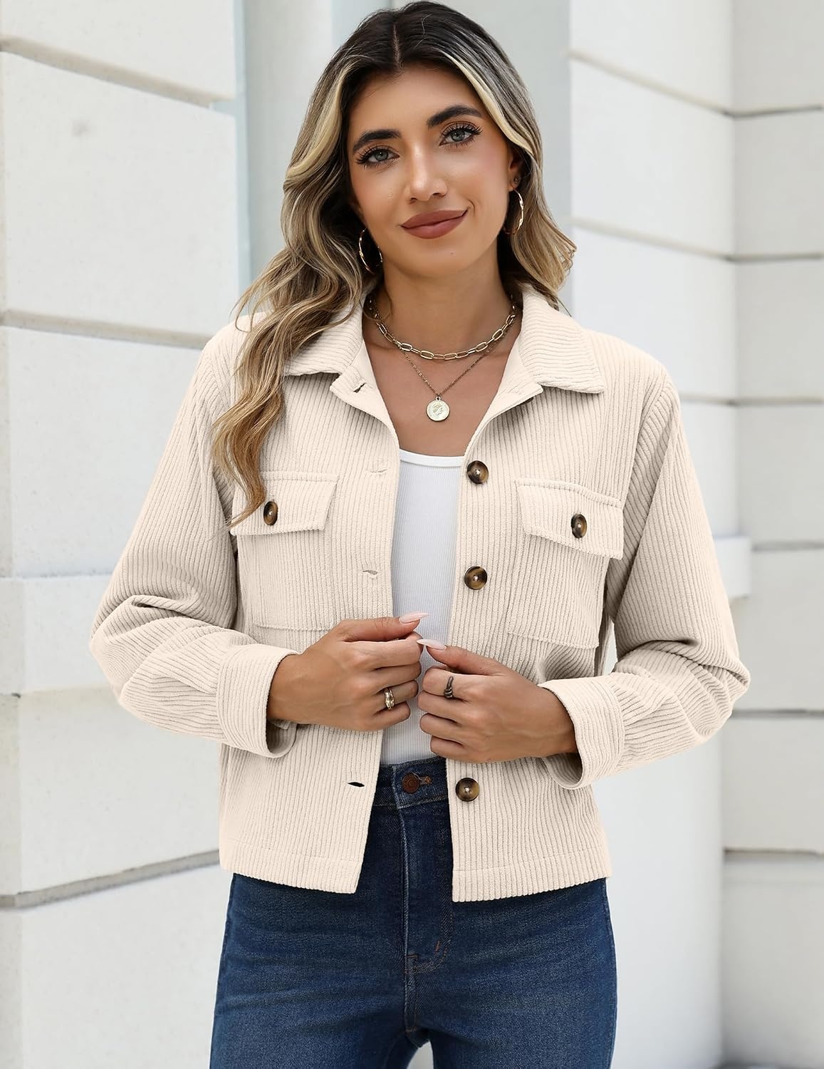 image:imageZeagoo Womens Fashion Cropped Jacket Corduroy Button Down Long Sleeve CoatsBeige