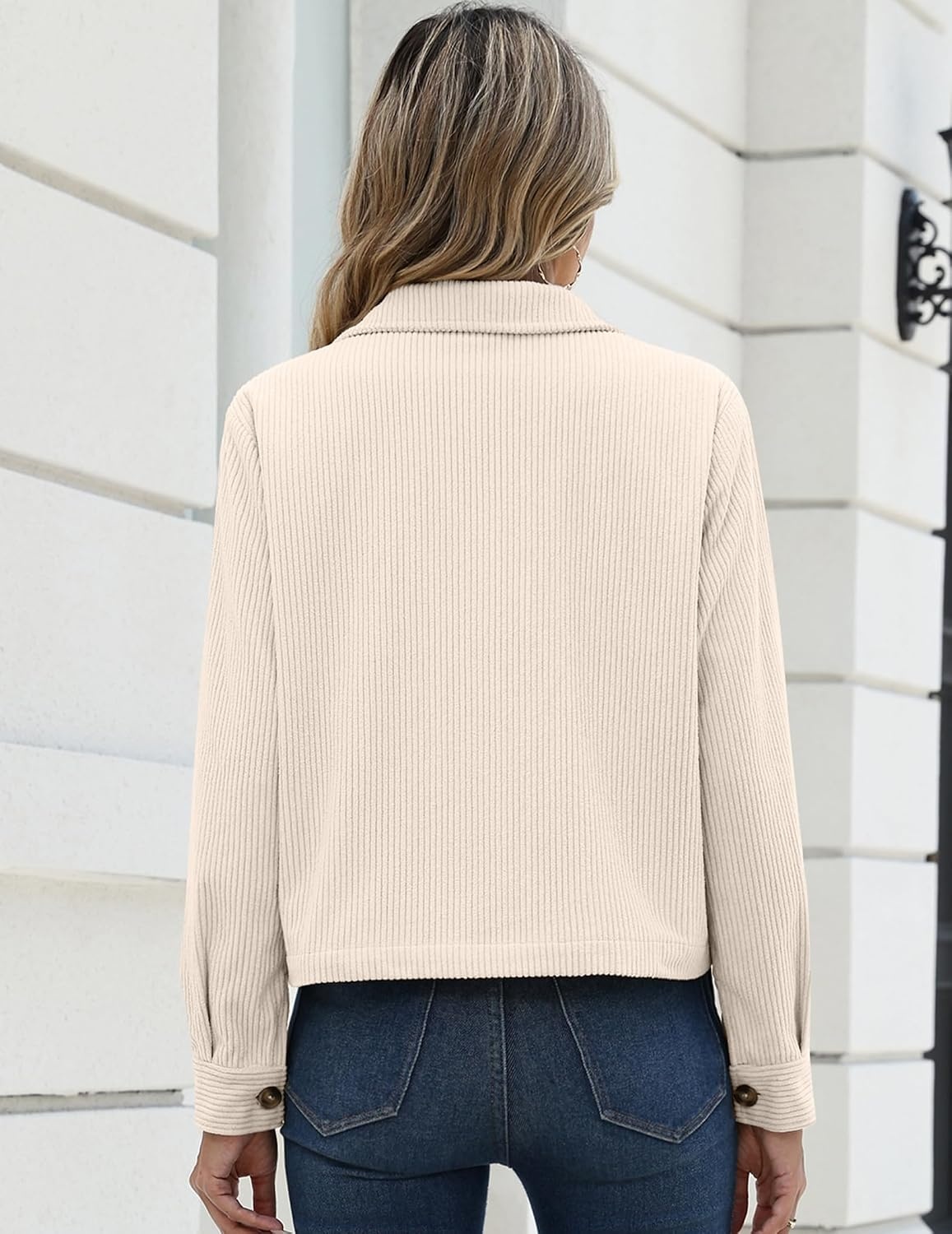 image:imageZeagoo Womens Fashion Cropped Jacket Corduroy Button Down Long Sleeve CoatsBeige