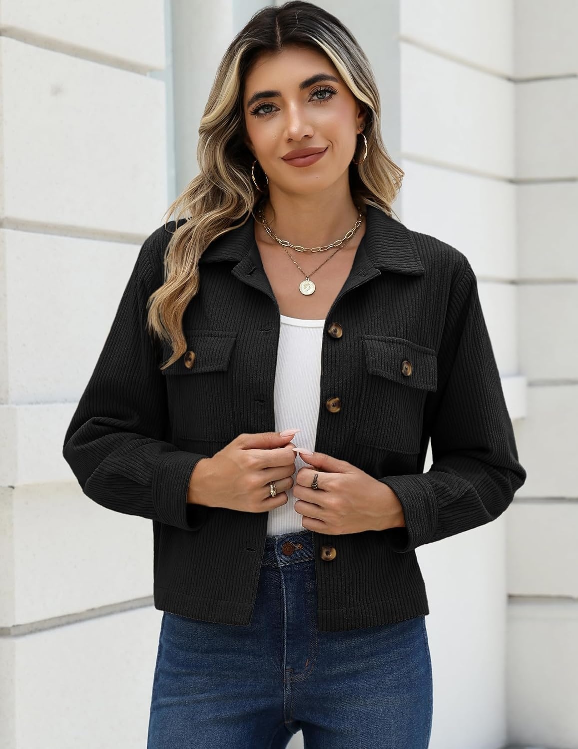image:imageZeagoo Womens Fashion Cropped Jacket Corduroy Button Down Long Sleeve CoatsBlack