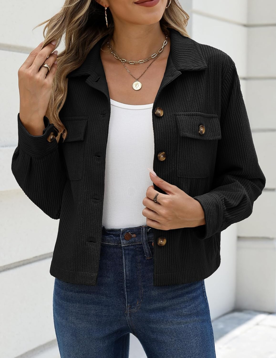 image:imageZeagoo Womens Fashion Cropped Jacket Corduroy Button Down Long Sleeve CoatsBlack