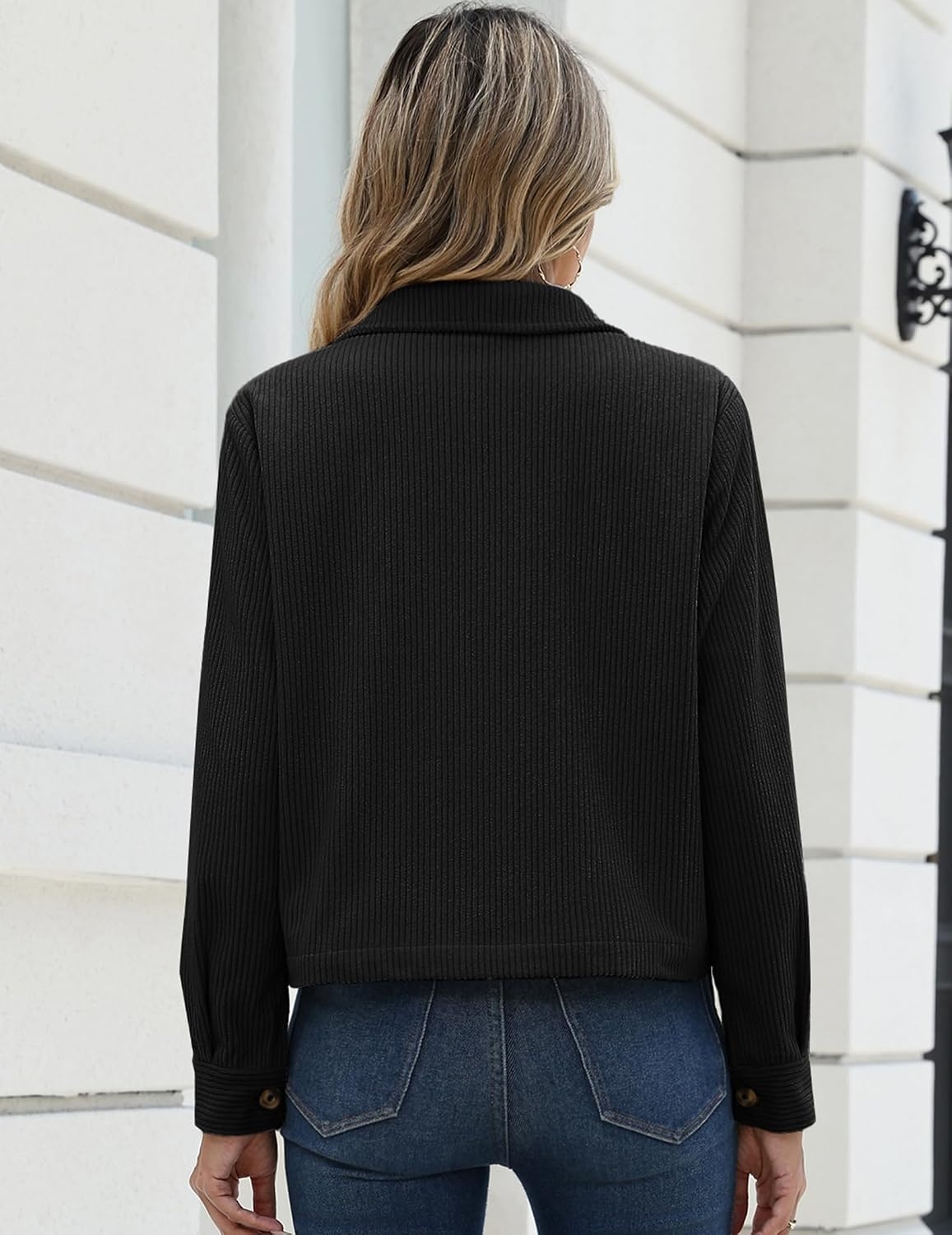 image:imageZeagoo Womens Fashion Cropped Jacket Corduroy Button Down Long Sleeve CoatsBlack