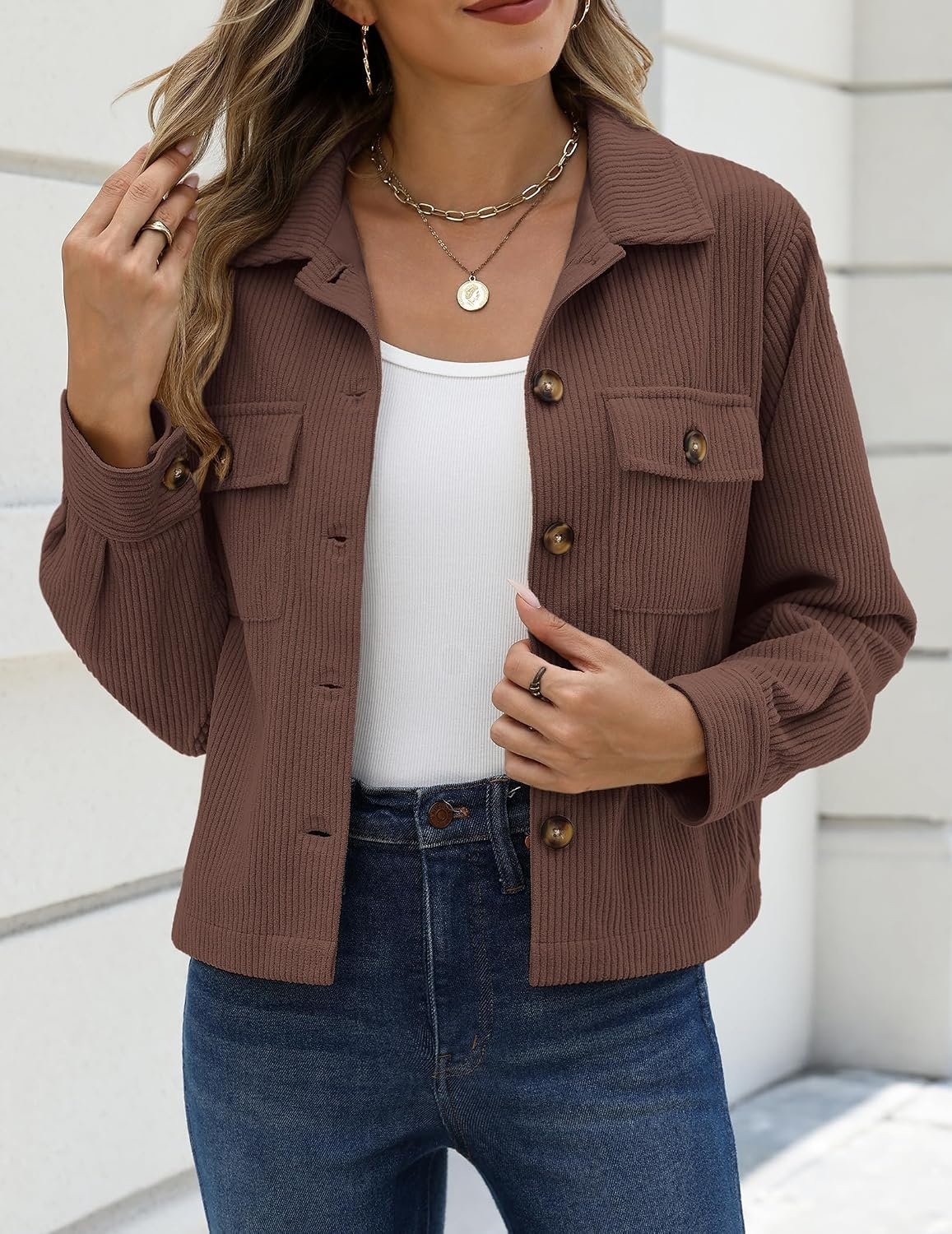 image:imageZeagoo Womens Fashion Cropped Jacket Corduroy Button Down Long Sleeve CoatsBrown