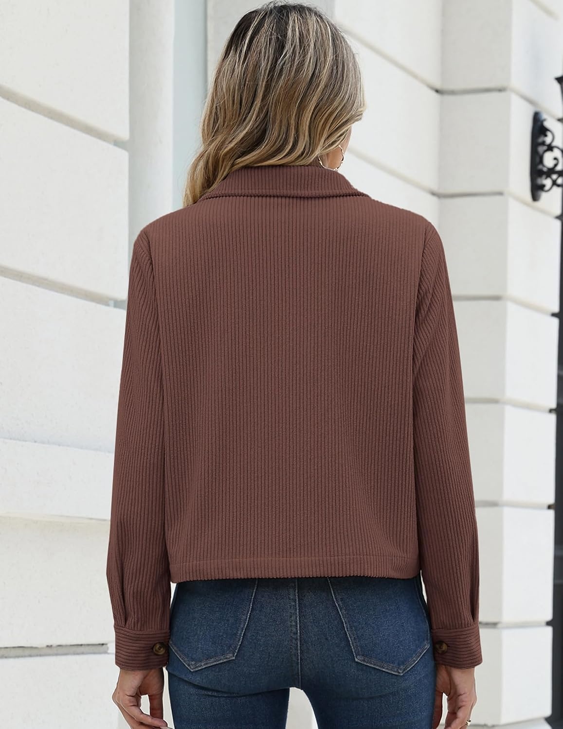 image:imageZeagoo Womens Fashion Cropped Jacket Corduroy Button Down Long Sleeve CoatsBrown