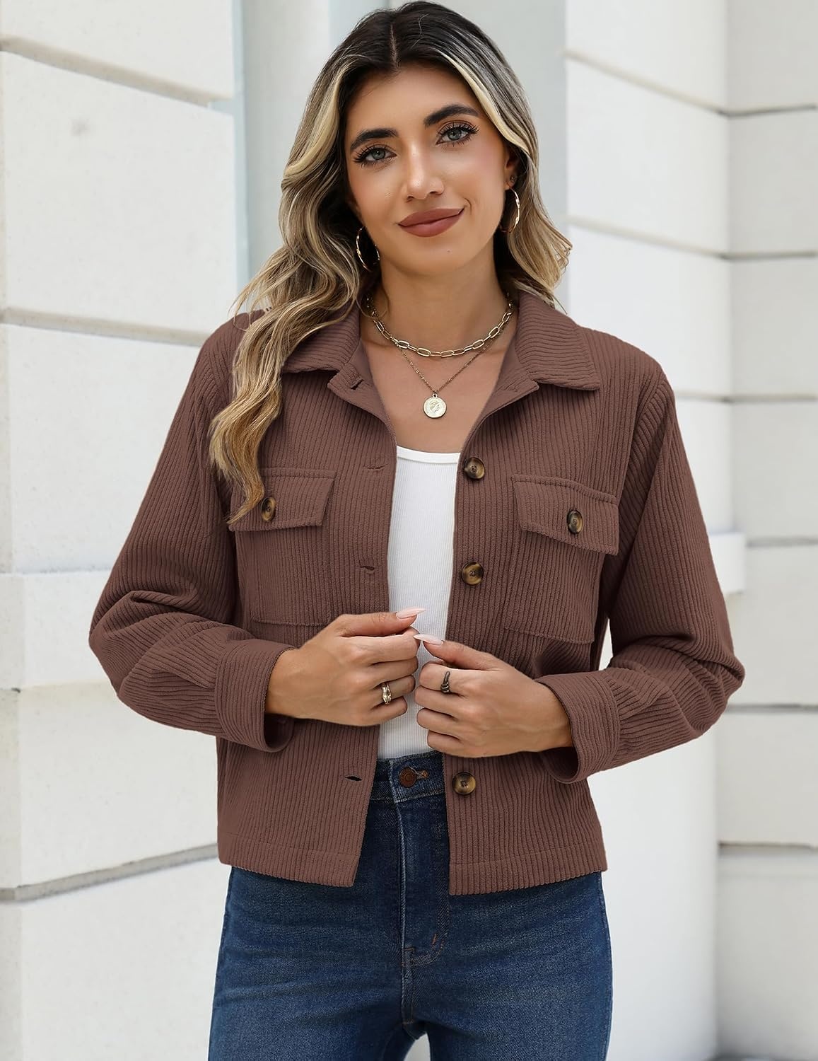 image:imageZeagoo Womens Fashion Cropped Jacket Corduroy Button Down Long Sleeve CoatsBrown