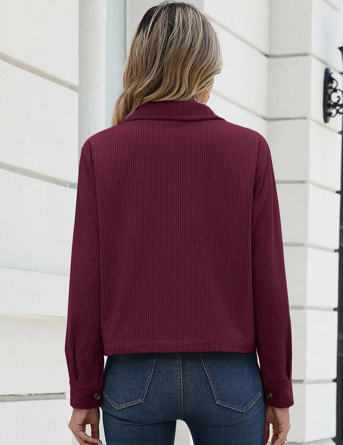 image:imageZeagoo Womens Fashion Cropped Jacket Corduroy Button Down Long Sleeve CoatsBurgundy