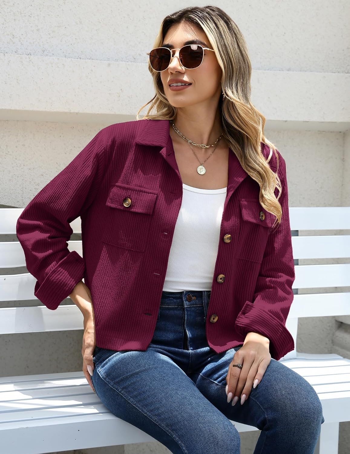 image:imageZeagoo Womens Fashion Cropped Jacket Corduroy Button Down Long Sleeve CoatsBurgundy