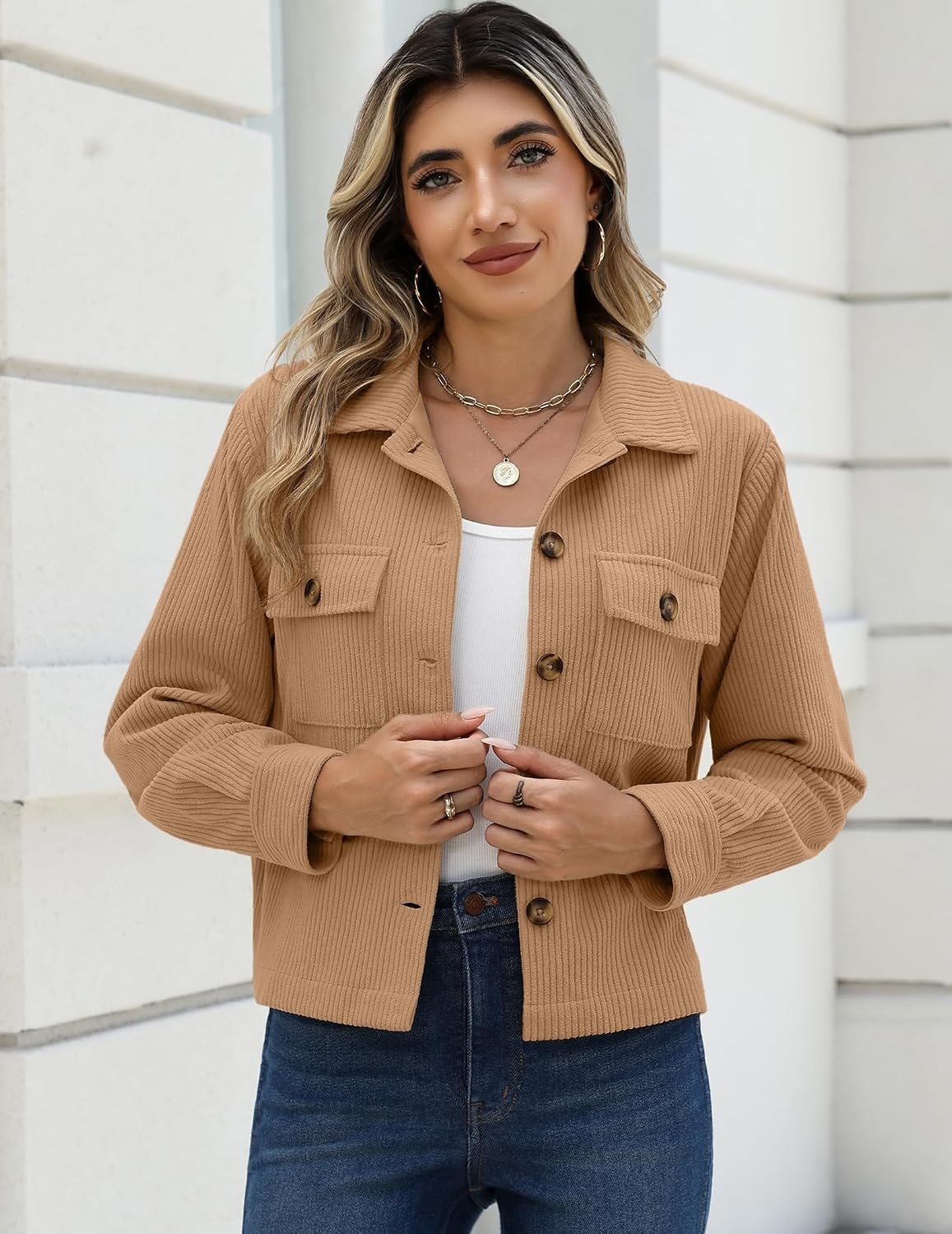 image:imageZeagoo Womens Fashion Cropped Jacket Corduroy Button Down Long Sleeve CoatsCamel