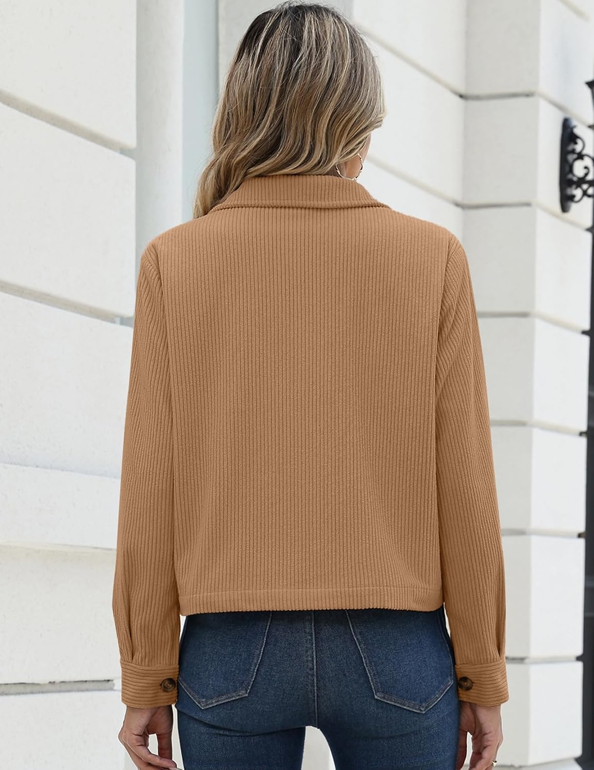 image:imageZeagoo Womens Fashion Cropped Jacket Corduroy Button Down Long Sleeve CoatsCamel