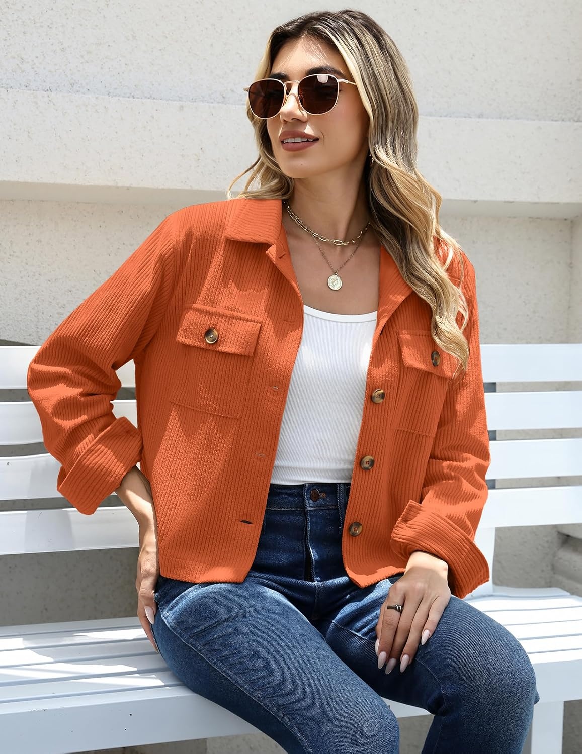 image:imageZeagoo Womens Fashion Cropped Jacket Corduroy Button Down Long Sleeve CoatsCaramel