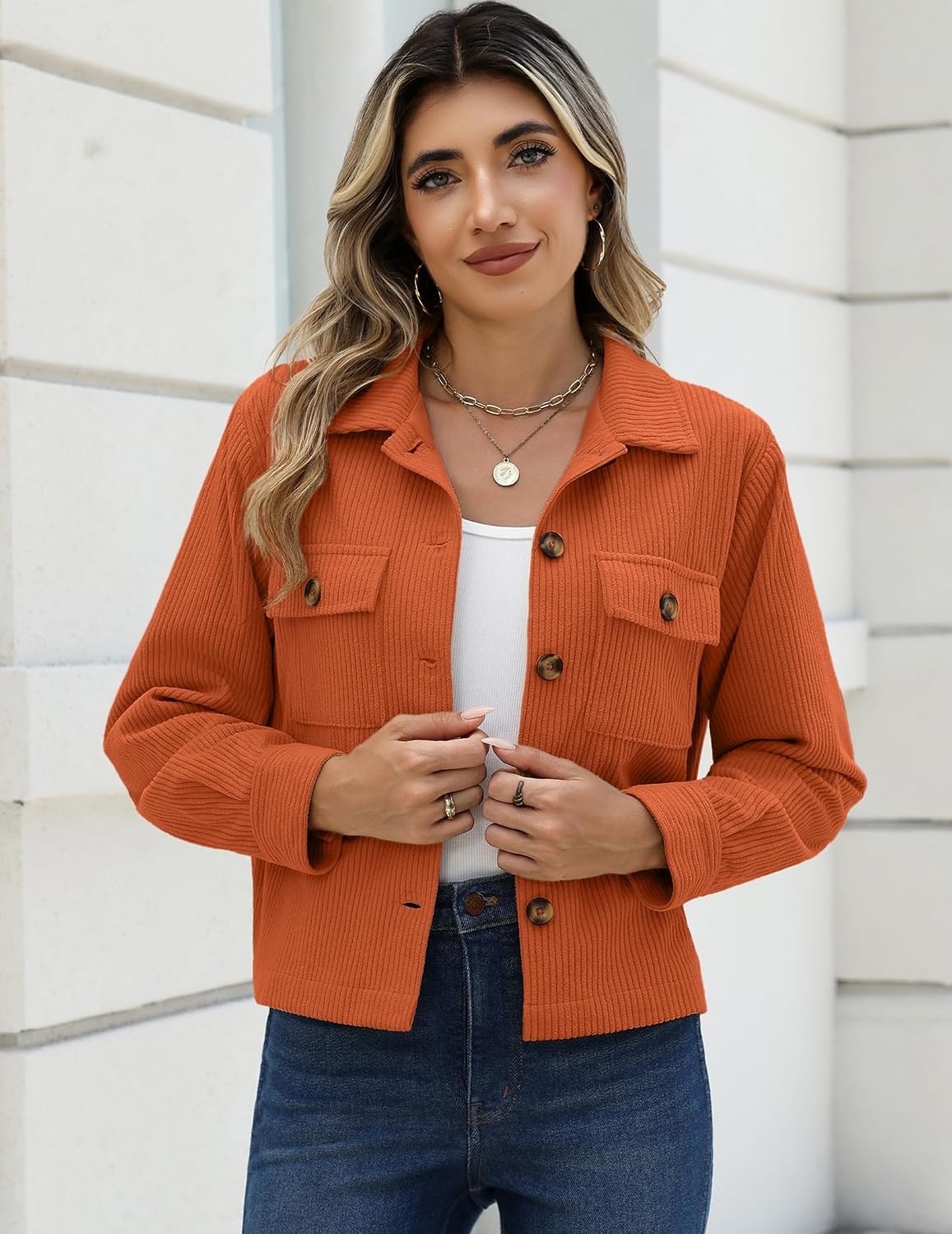 image:imageZeagoo Womens Fashion Cropped Jacket Corduroy Button Down Long Sleeve CoatsCaramel