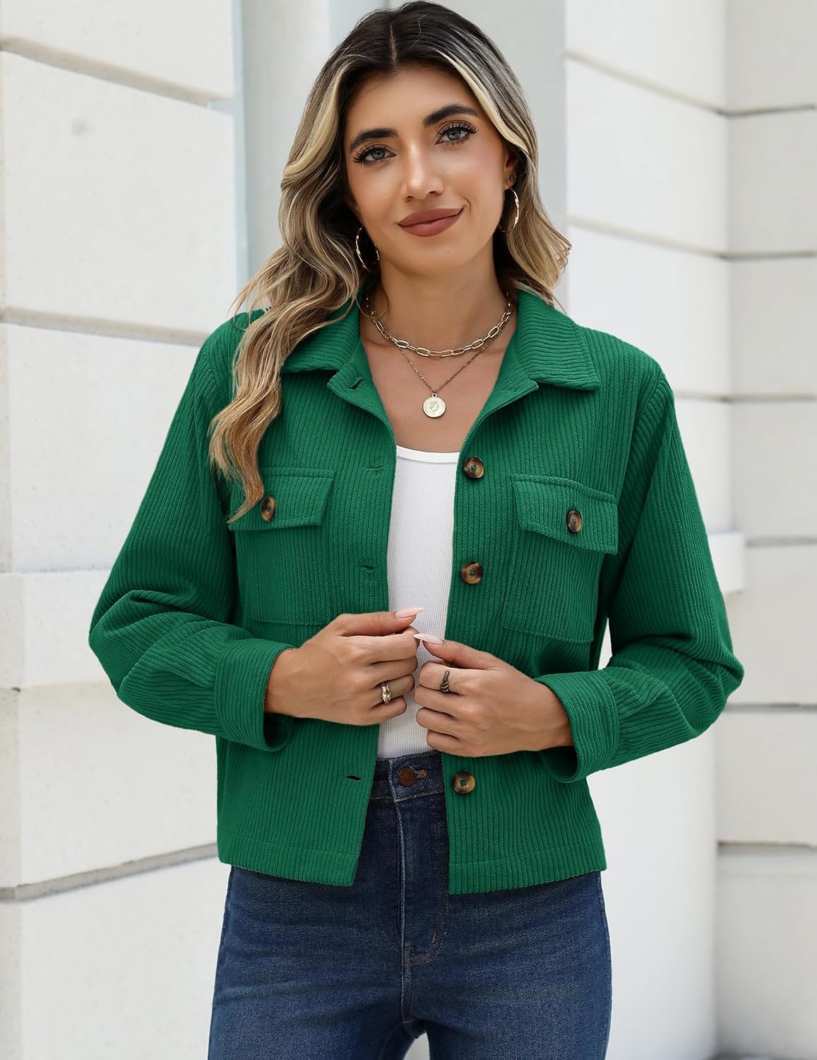image:imageZeagoo Womens Fashion Cropped Jacket Corduroy Button Down Long Sleeve CoatsDark Green