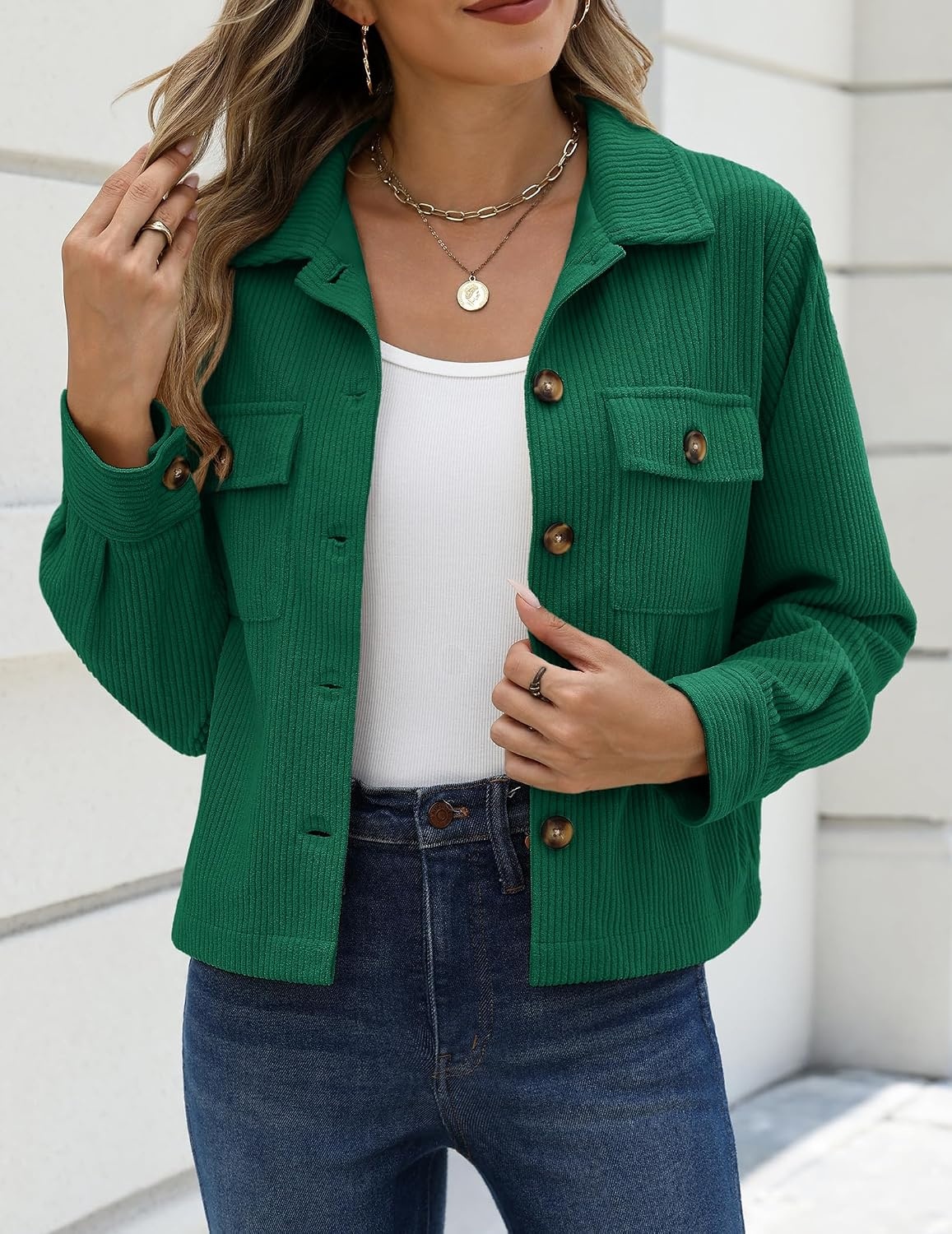 image:imageZeagoo Womens Fashion Cropped Jacket Corduroy Button Down Long Sleeve CoatsDark Green