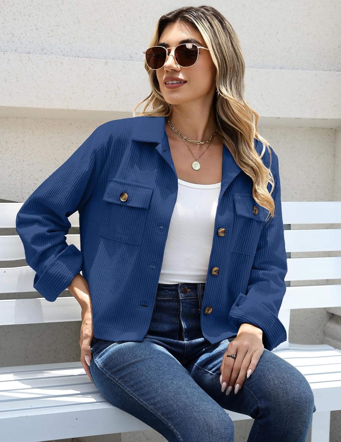 image:imageZeagoo Womens Fashion Cropped Jacket Corduroy Button Down Long Sleeve CoatsNavy