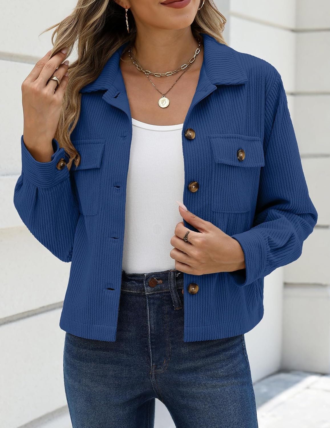 image:imageZeagoo Womens Fashion Cropped Jacket Corduroy Button Down Long Sleeve CoatsNavy