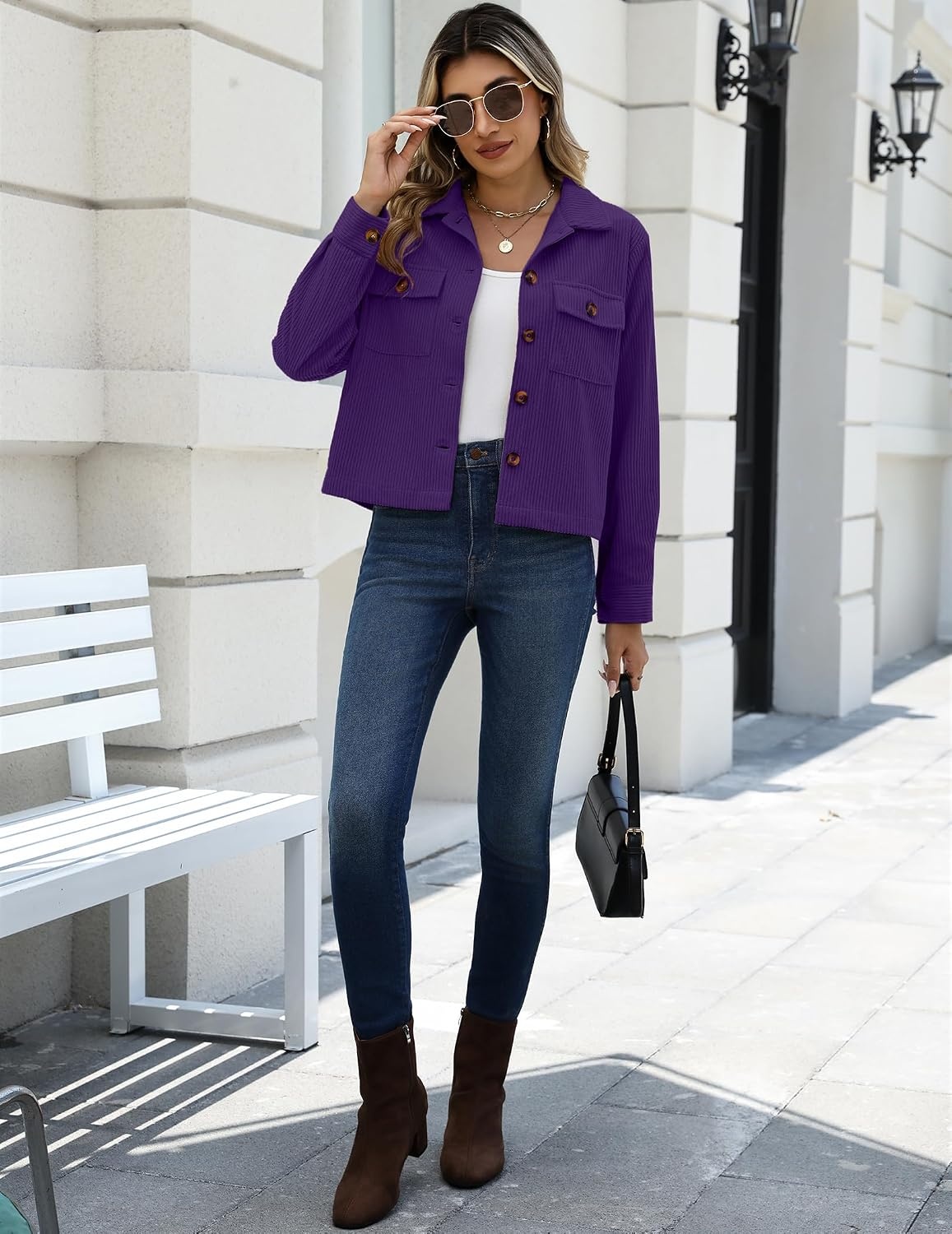 image:imageZeagoo Womens Fashion Cropped Jacket Corduroy Button Down Long Sleeve CoatsPurple