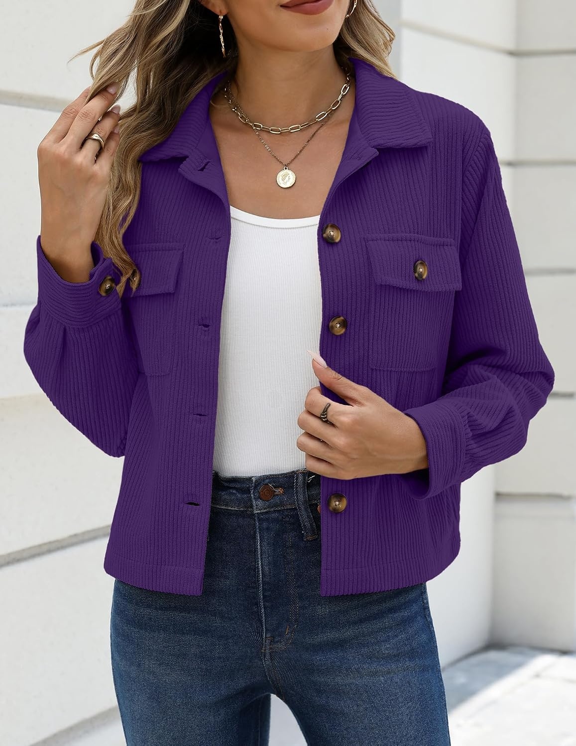 image:imageZeagoo Womens Fashion Cropped Jacket Corduroy Button Down Long Sleeve CoatsPurple