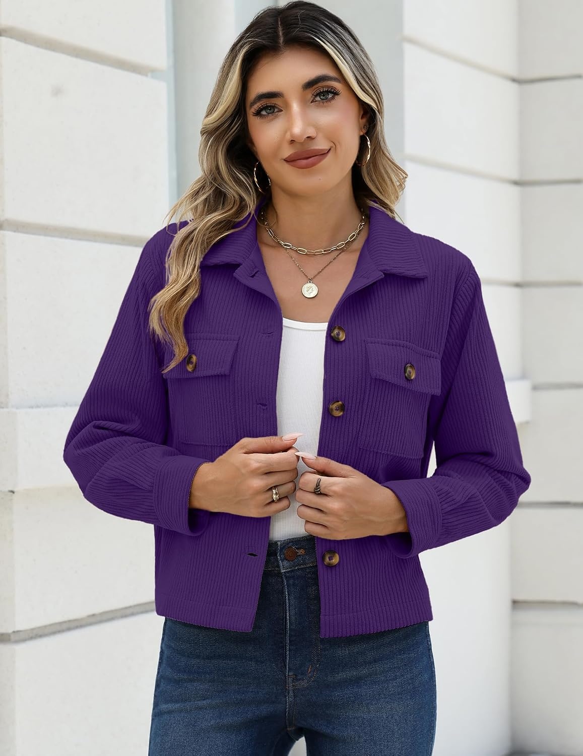 image:imageZeagoo Womens Fashion Cropped Jacket Corduroy Button Down Long Sleeve CoatsPurple