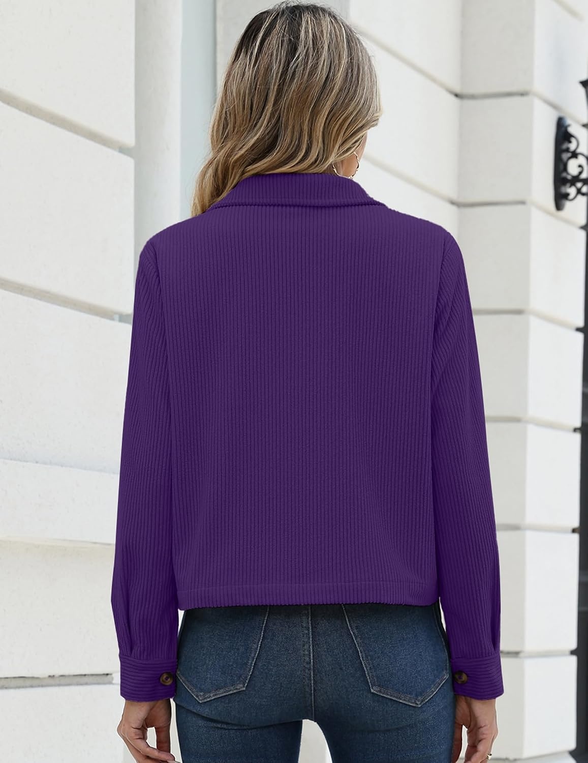 image:imageZeagoo Womens Fashion Cropped Jacket Corduroy Button Down Long Sleeve CoatsPurple
