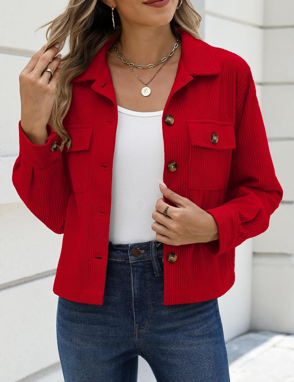 image:imageZeagoo Womens Fashion Cropped Jacket Corduroy Button Down Long Sleeve CoatsRed