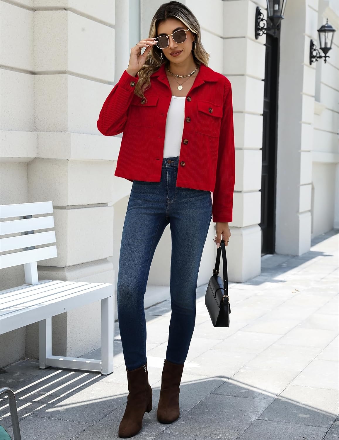 image:imageZeagoo Womens Fashion Cropped Jacket Corduroy Button Down Long Sleeve CoatsRed