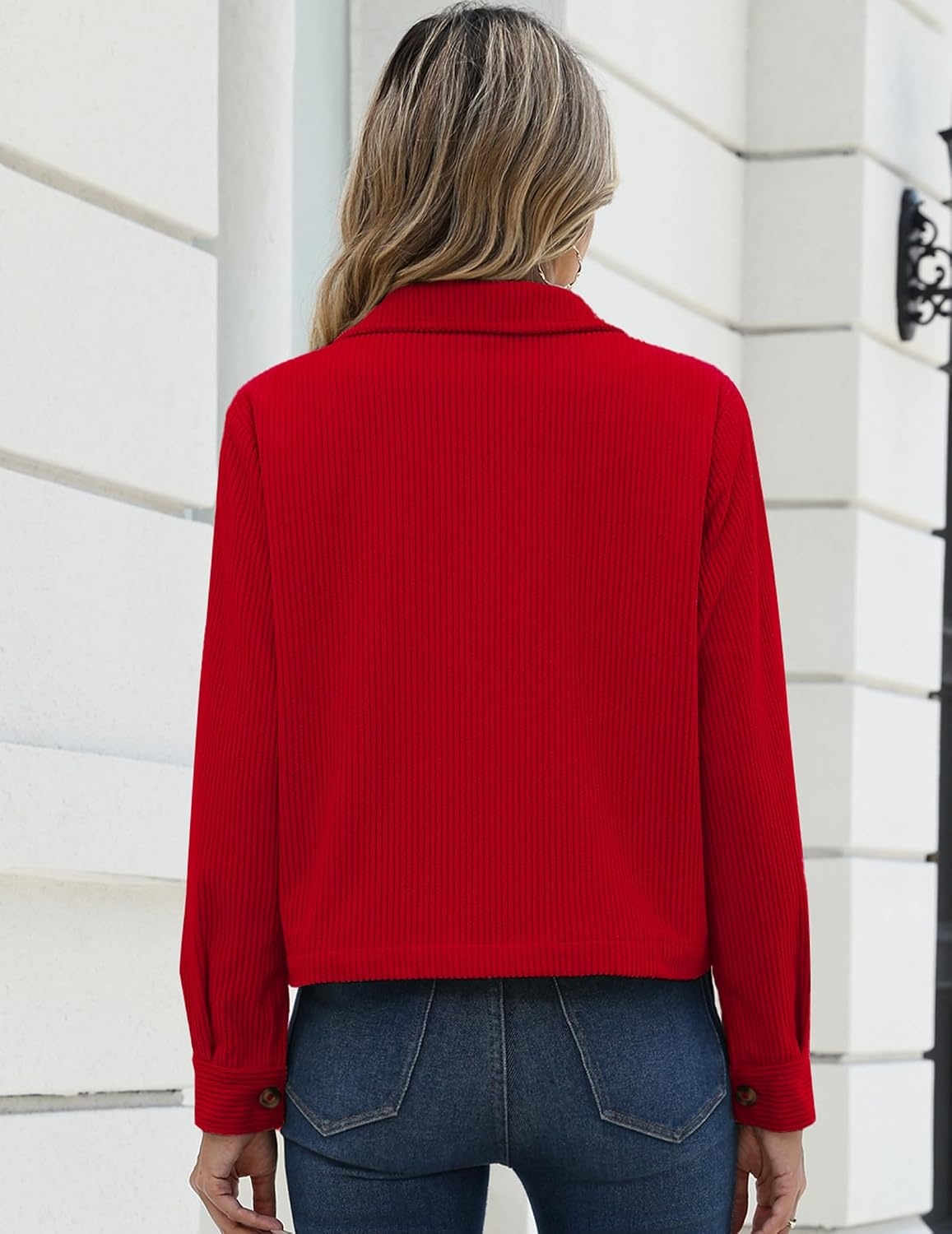 image:imageZeagoo Womens Fashion Cropped Jacket Corduroy Button Down Long Sleeve CoatsRed