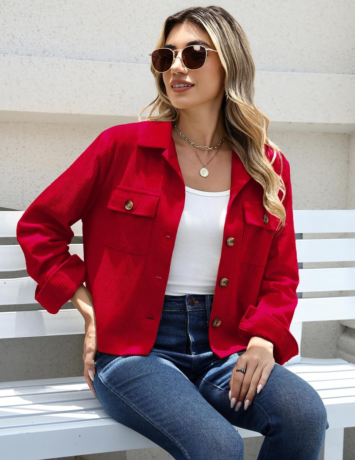 image:imageZeagoo Womens Fashion Cropped Jacket Corduroy Button Down Long Sleeve CoatsRed
