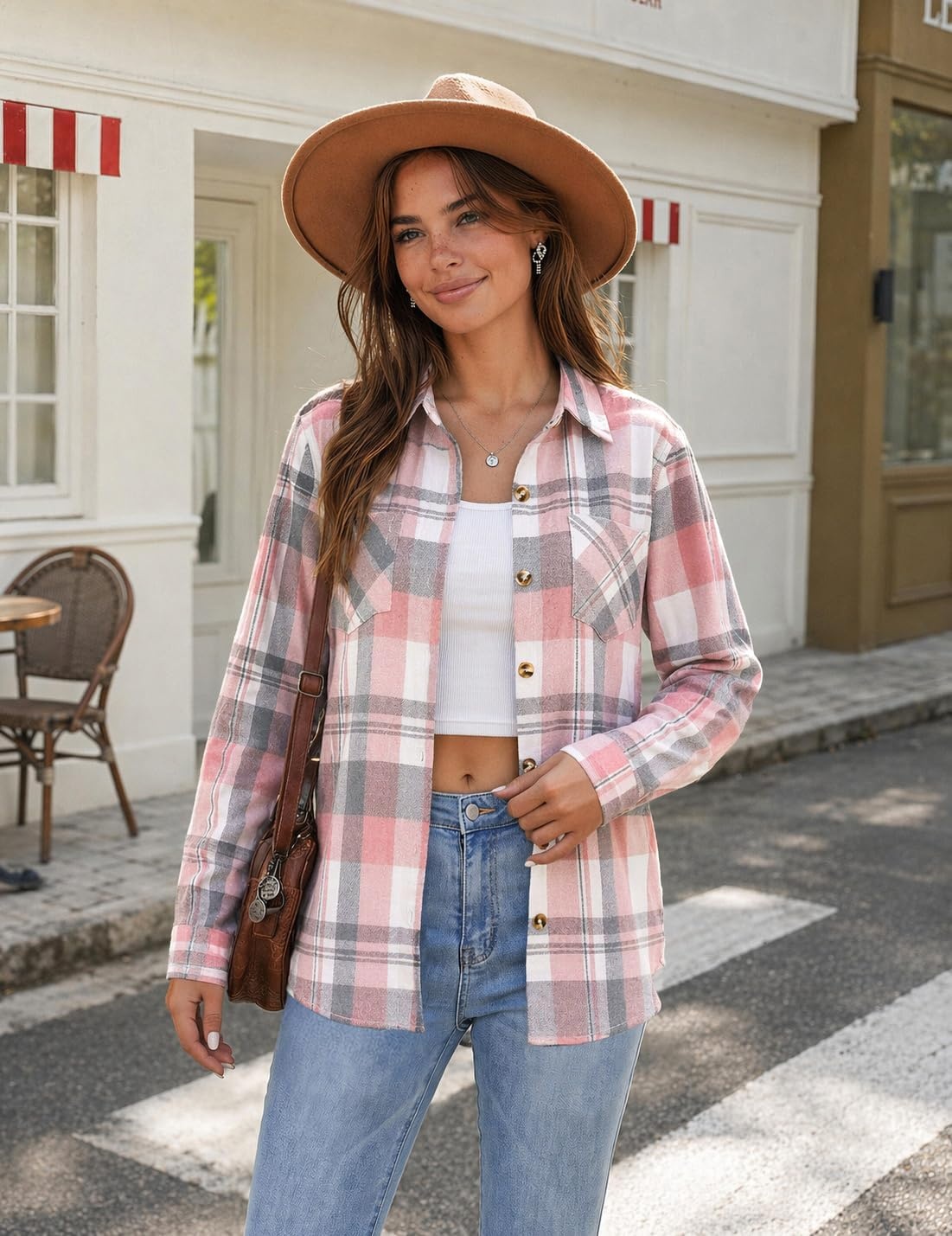 image:imageZeagoo Womens Flannel Plaid Shirts Long Sleeve Button Down Tops Work BlouseApink