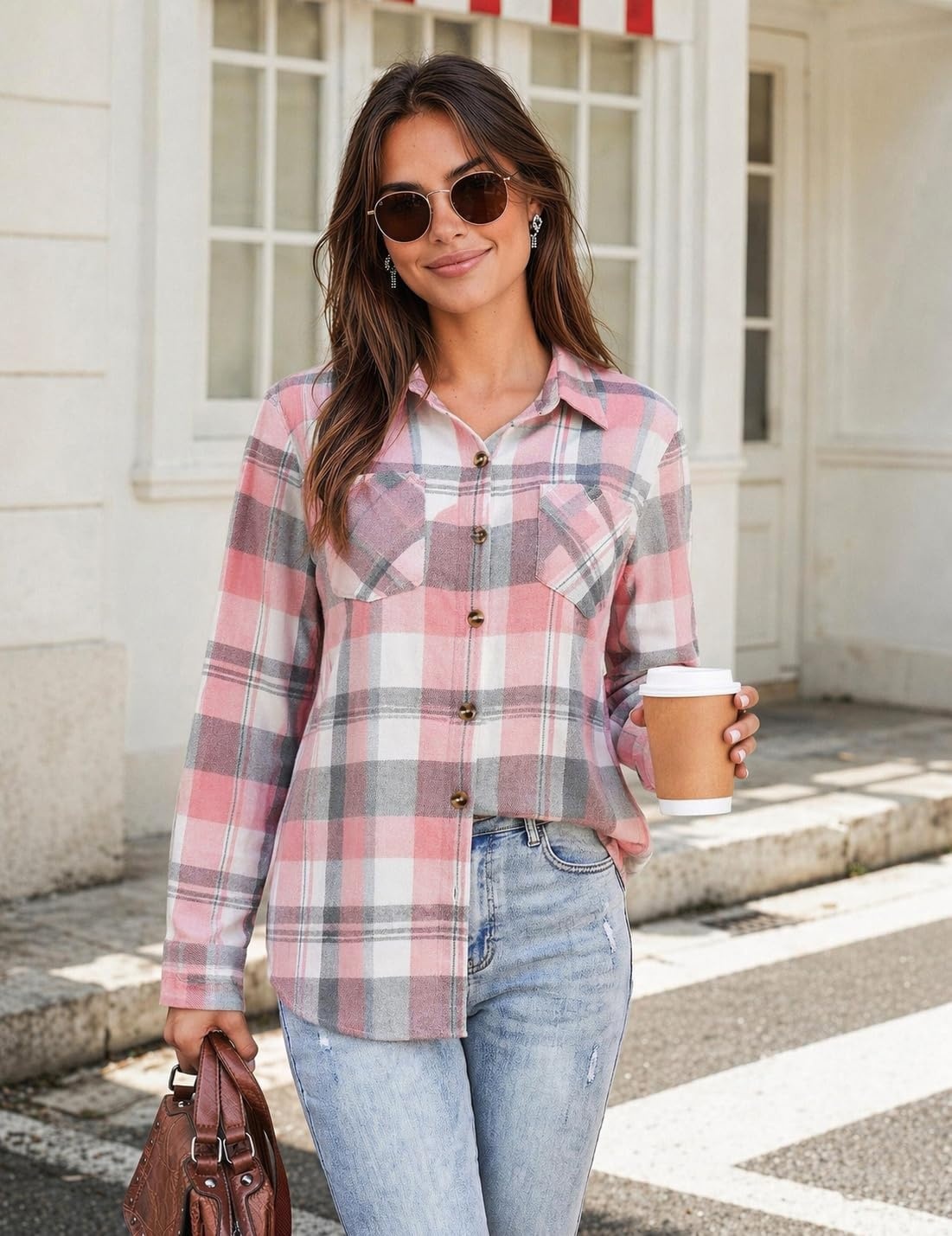 image:imageZeagoo Womens Flannel Plaid Shirts Long Sleeve Button Down Tops Work BlouseApink