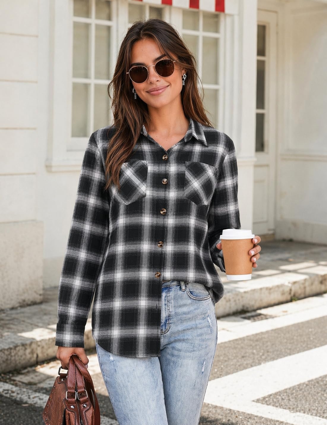 image:imageZeagoo Womens Flannel Plaid Shirts Long Sleeve Button Down Tops Work BlouseBlack
