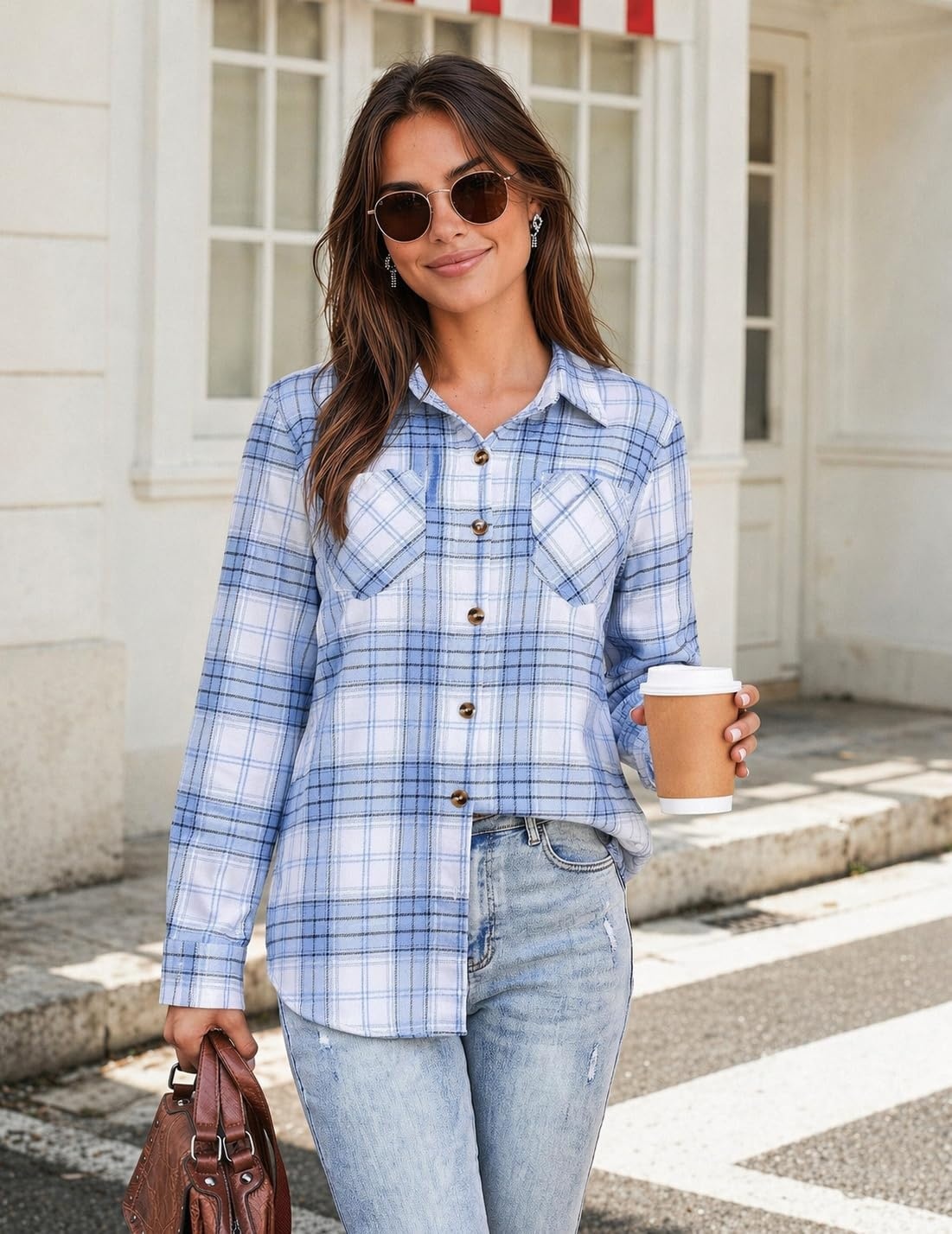 image:imageZeagoo Womens Flannel Plaid Shirts Long Sleeve Button Down Tops Work BlouseBlue White Plaid