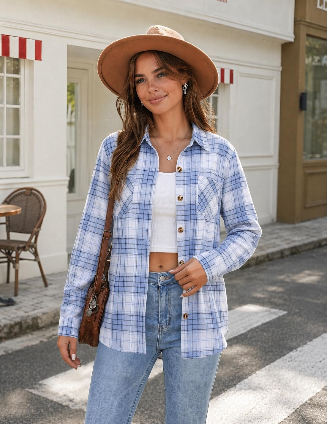 image:imageZeagoo Womens Flannel Plaid Shirts Long Sleeve Button Down Tops Work BlouseBlue White Plaid