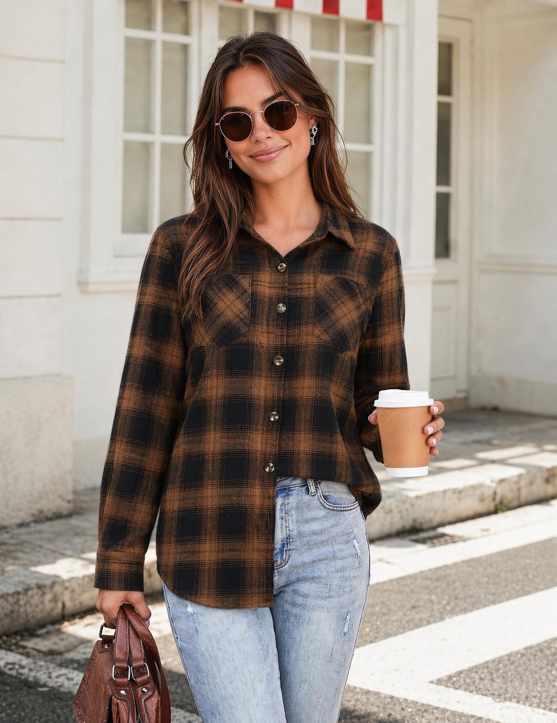 image:imageZeagoo Womens Flannel Plaid Shirts Long Sleeve Button Down Tops Work BlouseBrown