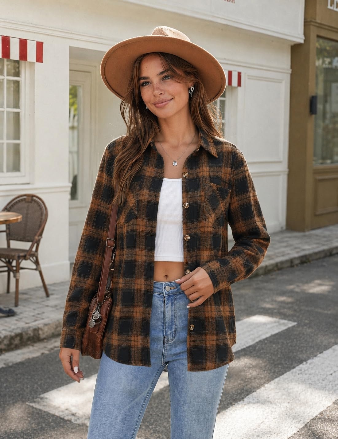 image:imageZeagoo Womens Flannel Plaid Shirts Long Sleeve Button Down Tops Work BlouseBrown