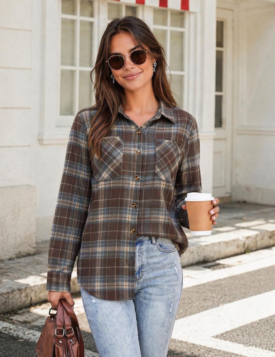 image:imageZeagoo Womens Flannel Plaid Shirts Long Sleeve Button Down Tops Work BlouseChocolate Brown Plaid