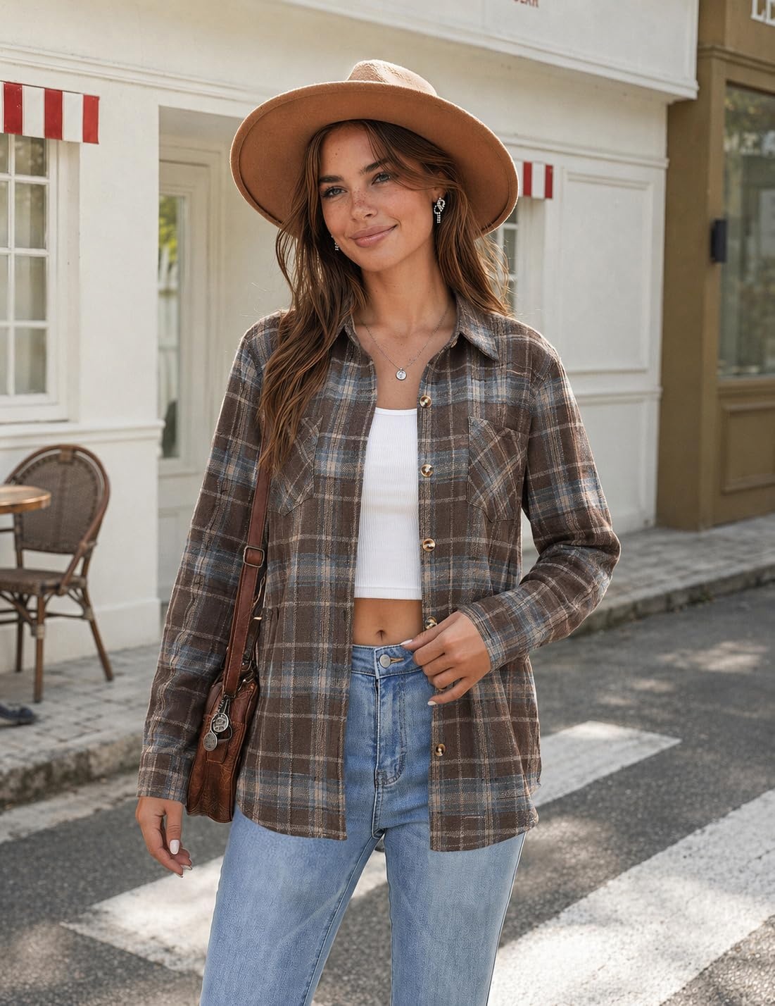 image:imageZeagoo Womens Flannel Plaid Shirts Long Sleeve Button Down Tops Work BlouseChocolate Brown Plaid
