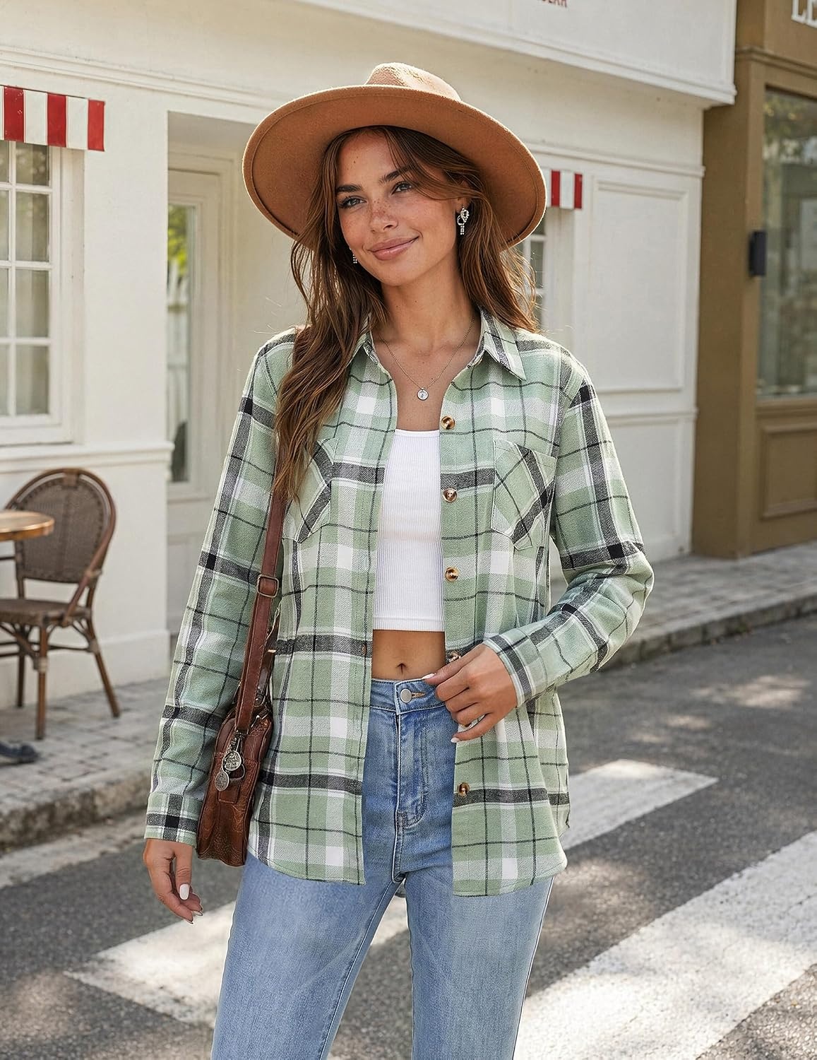 image:imageZeagoo Womens Flannel Plaid Shirts Long Sleeve Button Down Tops Work BlouseGreen Plaid