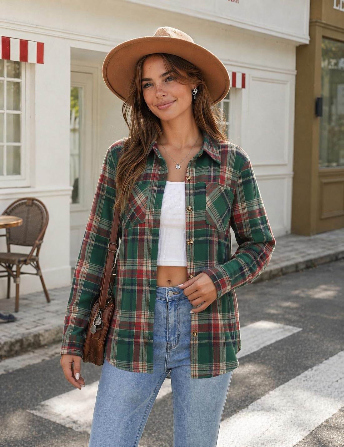 image:imageZeagoo Womens Flannel Plaid Shirts Long Sleeve Button Down Tops Work BlouseGreen Red Plaid