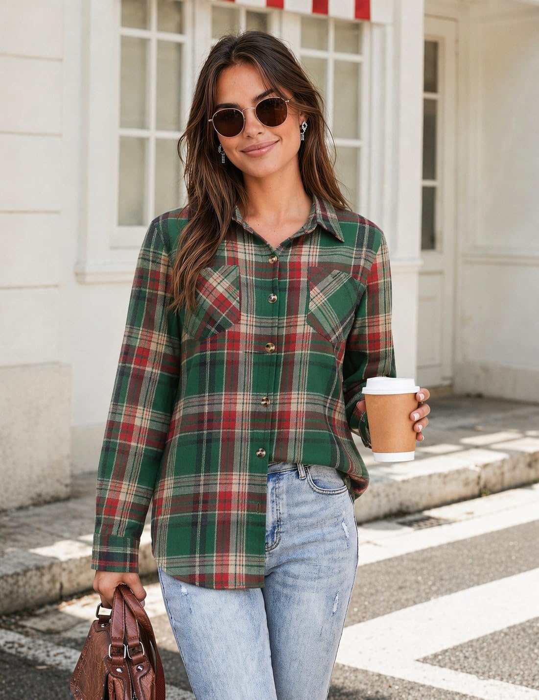 image:imageZeagoo Womens Flannel Plaid Shirts Long Sleeve Button Down Tops Work BlouseGreen Red Plaid