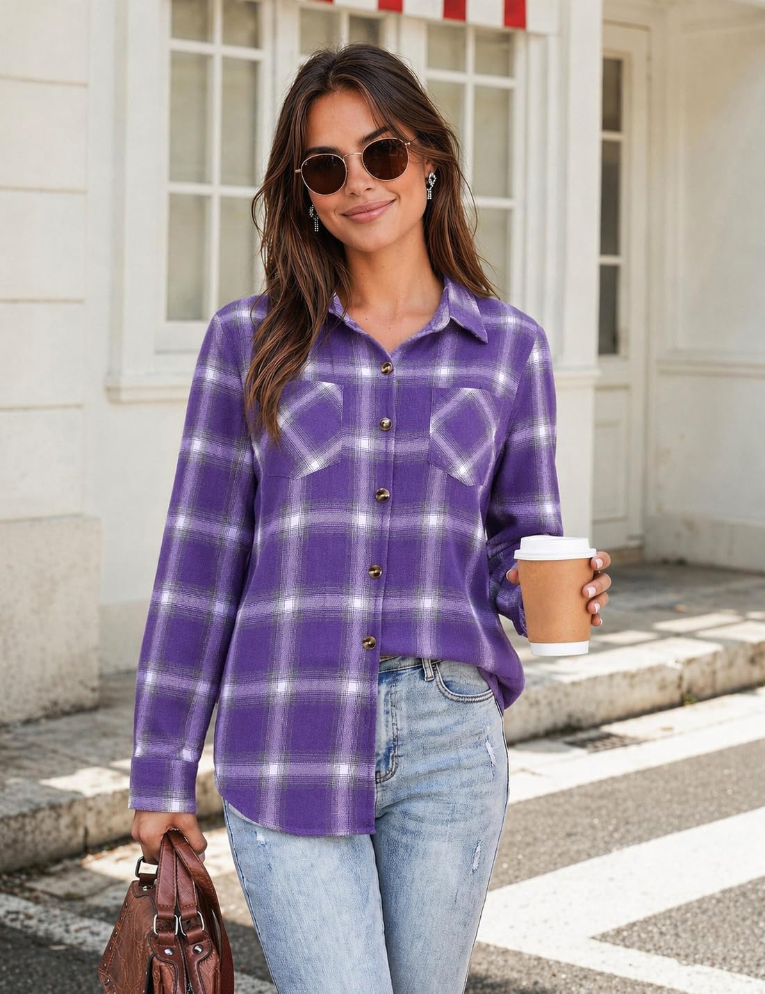 image:imageZeagoo Womens Flannel Plaid Shirts Long Sleeve Button Down Tops Work BlousePurple Plaid